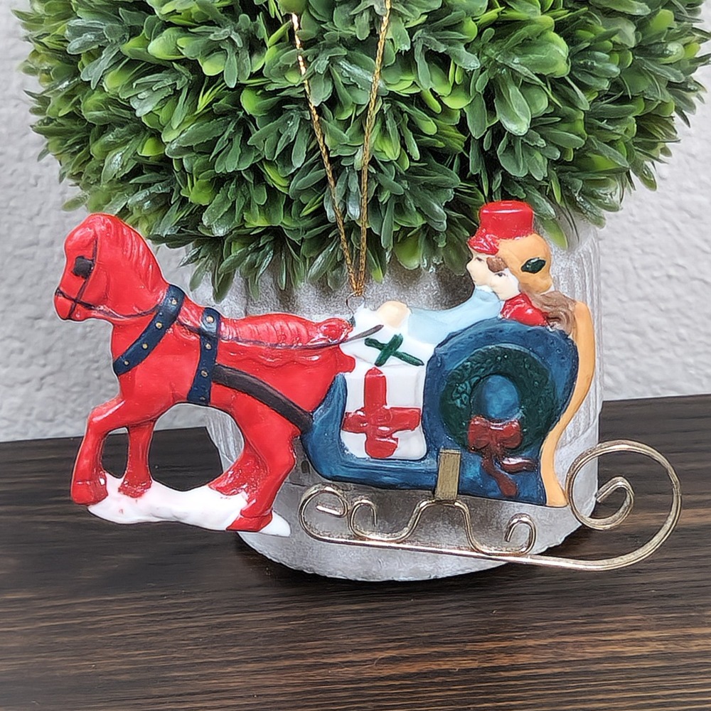 Vintage‎ Enesco Christmas Ornament Horse Drawn Sleigh Couple Holiday